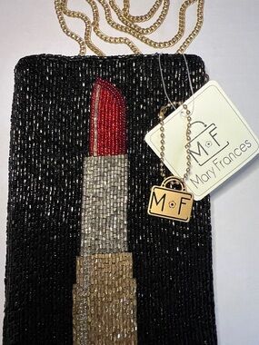 MARY FRANCES Black Beaded Lipstick Crossbody/Wristlet with Gold Chain NWT